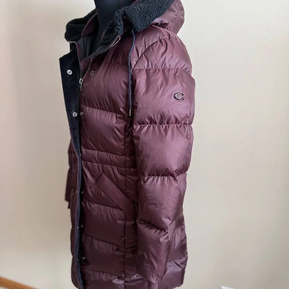 Coach Plum Down Puffer Coat Long Hooded Faux Fur Trim Small Winter - Picture 3 of 16